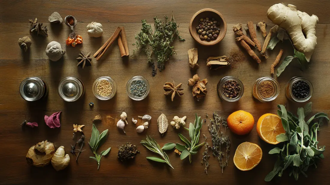 Various herbs and botanicals used in cocktails